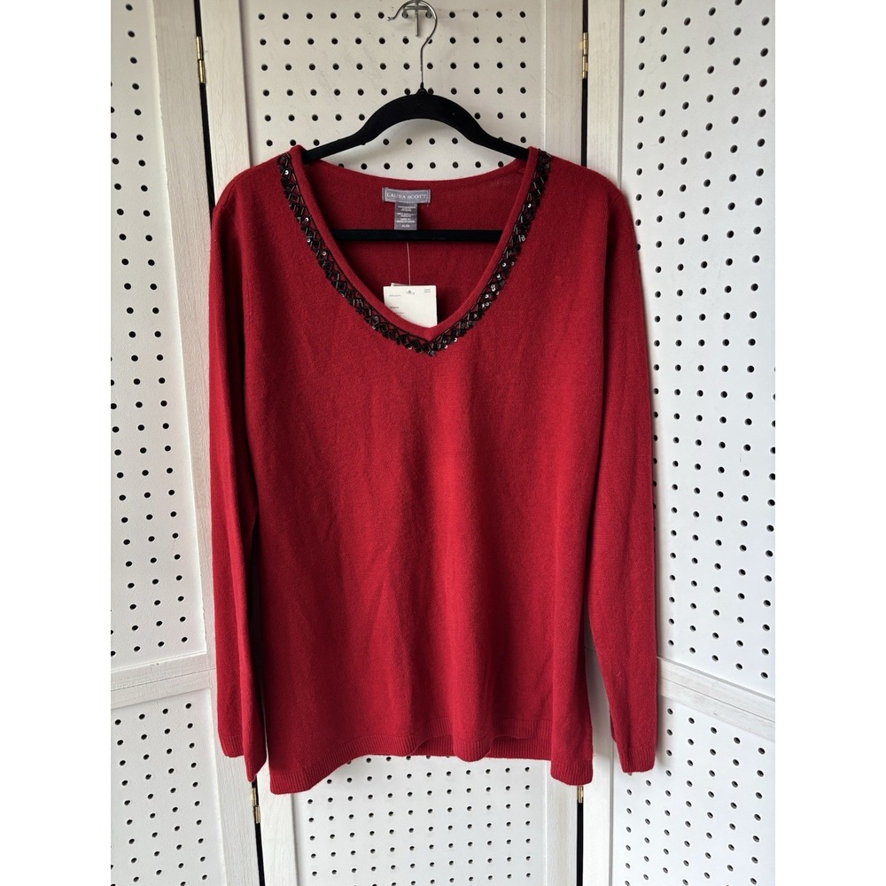 NWT Laura Scott Women's XL Red V Neck Beaded Sweater Acrylic Holiday Christmas
